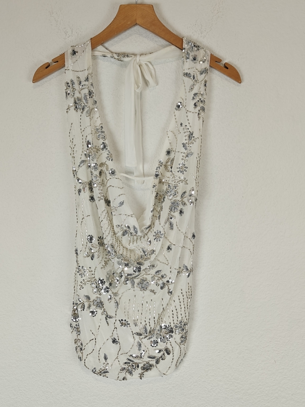 Y2K Euro Summer Sequin Beaded Halter Top Open Back Glam Party Top White Silver L